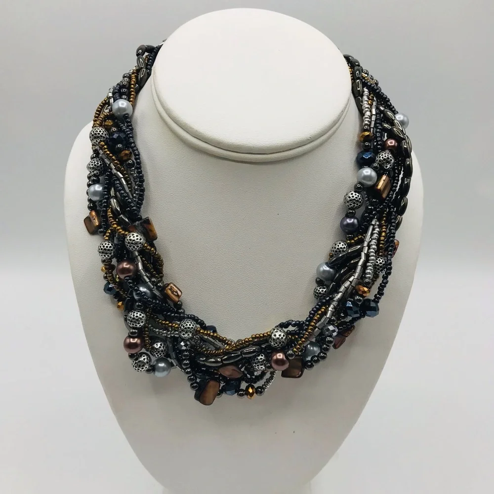 Multi-Strands multi color faux glass Pearl hematite tri Color necklace,